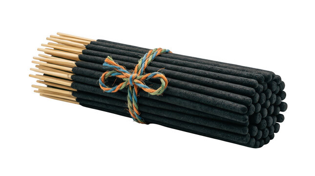 Bundle of black incense sticks tied with colorful string isolated on transparent background