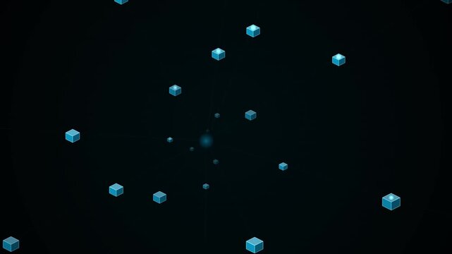 Abstract looping tech background featuring floating blue cubes connected by subtle network lines around a central glowing orb.