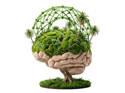 Surreal 3d art of a human brain as a lush ecosystem with trees and moss isolated on transparent background