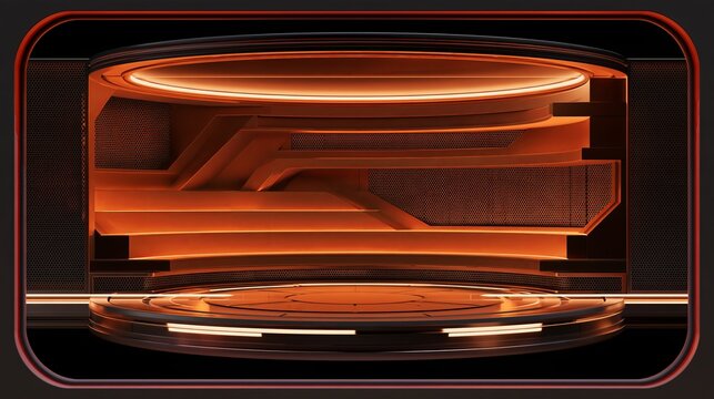 A modern futuristic interior space or stage featuring warm orange lighting and a circular platform