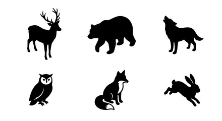 Obraz premium Wild Animal Silhouettes: Deer, Bear, Wolf, Owl, Fox, Rabbit Vector Icons