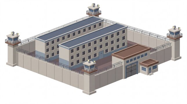 Isometric view of a high security prison complex with watchtowers and reinforced perimeter walls for law enforcement and incarceration themes