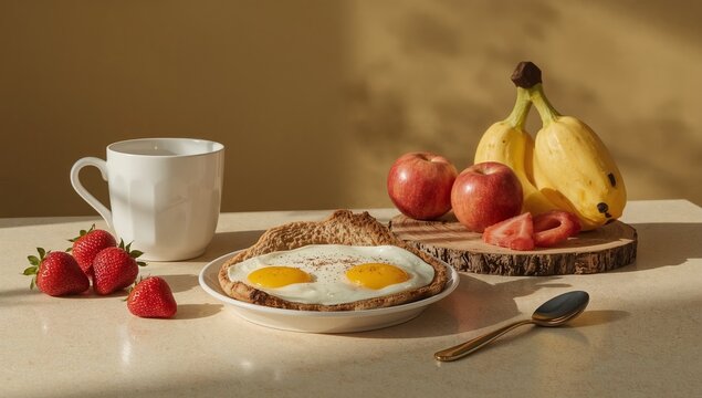 Breakfast Setup With Eggs, Fruits, and a Cup of Coffee in a Kitchen