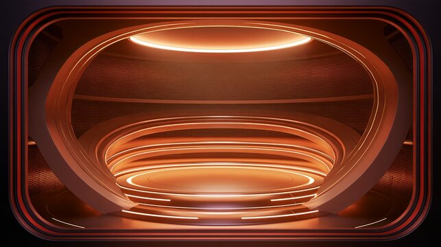 A modern futuristic interior space or stage featuring warm orange lighting and a circular platform