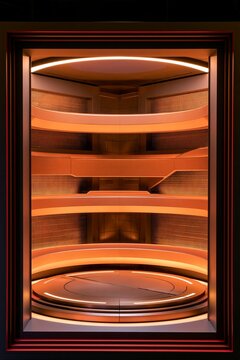 A modern futuristic interior space or stage featuring warm orange lighting and a circular platform