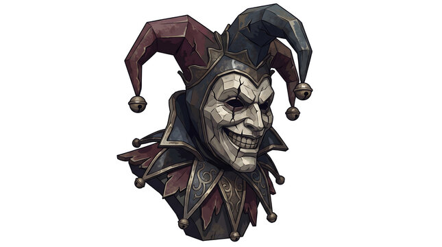 Cracked porcelain jester mask bust with sinister smile and bells for dark carnival character design.