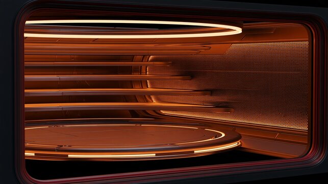 A modern futuristic interior space or stage featuring warm orange lighting and a circular platform