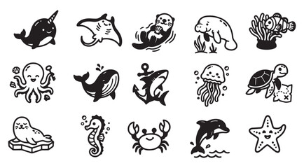 Cute cartoon marine animal icons vector illustration collection featuring adorable ocean creatures like narwhal manta ray and dolphin for kids design © Mukta