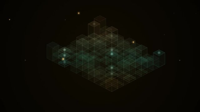 Abstract isometric cube grid glows softly in dark space as a looping tech background overlay