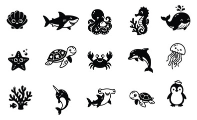 Adorable black and white cartoon sea animal icon set featuring various happy marine creatures and ocean life illustrations © Mukta