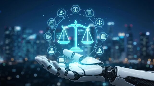 Robot hand holding glowing digital law and justice scale hologram in futuristic city