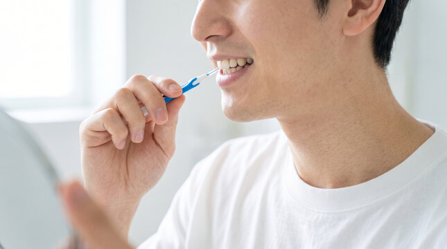 洗面台の鏡を見て歯間ブラシで歯隙ケアをする男性の口元