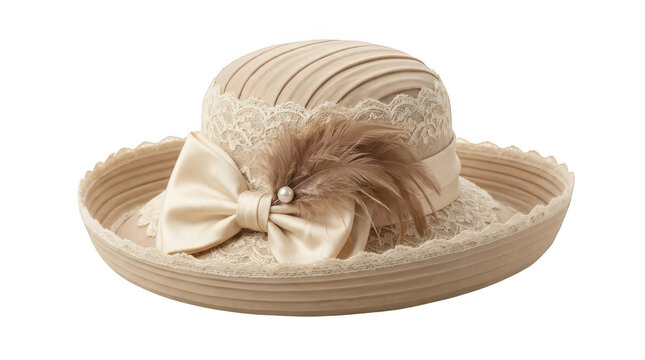 Elegant beige womens hat with lace, ribbon bow, and feather decoration isolated on transparent background