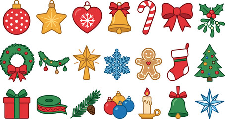 Fototapeta premium Set of festive christmas decorations and winter seasonal icons with christmas decoration