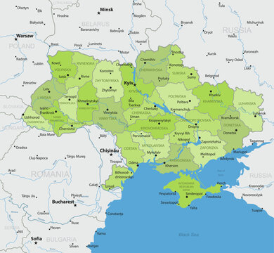 Ukraine - Detailed, modern map of the country with cities, capitals, internal territorial boundaries, and major water features.
