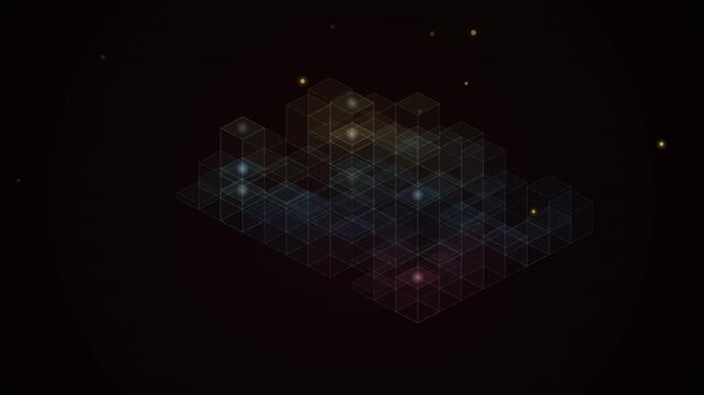 Isometric cubes form a looping tech background with glowing lights in a dark space overlay.