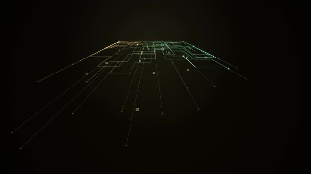Glowing circuit patterns emerge from darkness as an abstract technology background with looping digital lines