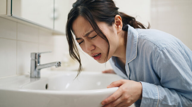 洗面台で吐き気や体調不良に苦しむパジャマ姿の若い女性
