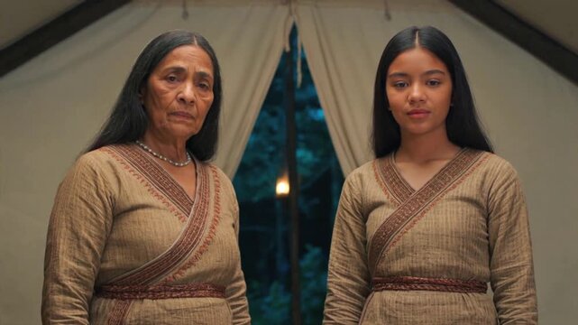 Older woman and younger woman stand beside huge illustrated sheet in canvas tent, facing forward with calm serious expressions. Lanterns glow at sides as bowls and woven mats frame worktable