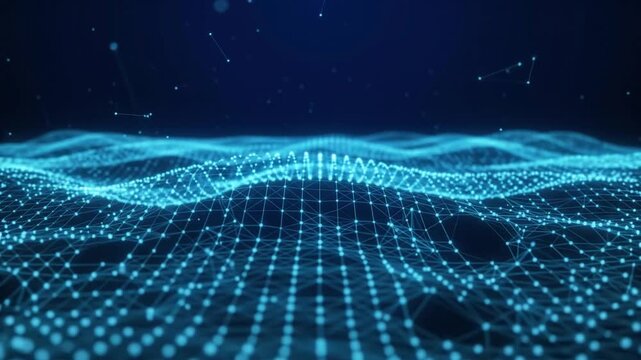 Abstract blue digital data network wave with glowing particles and plexus lines on dark background