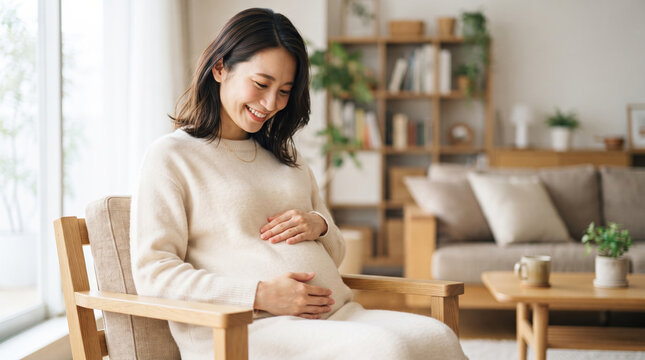 リビングで大きなお腹を愛おしそうに撫でる笑顔の妊婦