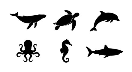 Fototapeta premium Ocean Wildlife Silhouettes: Whale, Turtle, Dolphin, Octopus, Seahorse, Shark Vector Icons