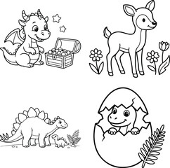 Set of cute baby animal coloring pages for children featuring a dragon deer dinosaur and hatching egg © Shadin Faraje