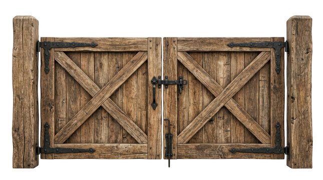 Rustic wooden double gate with iron hinges and latch isolated on transparent background