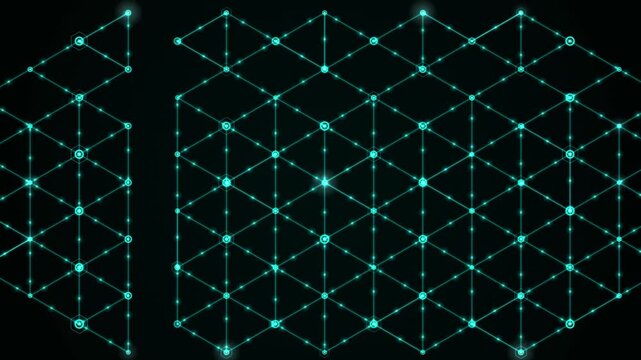 A tech looping background with glowing cyan nodes forming an anisotropic mesh pattern on a dark backdrop, suitable as a futuristic overlay.