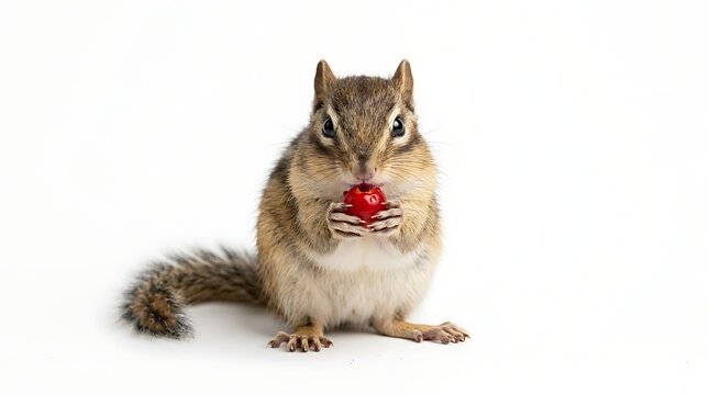 Adorable chipmunk eating a fresh raspberry on white background