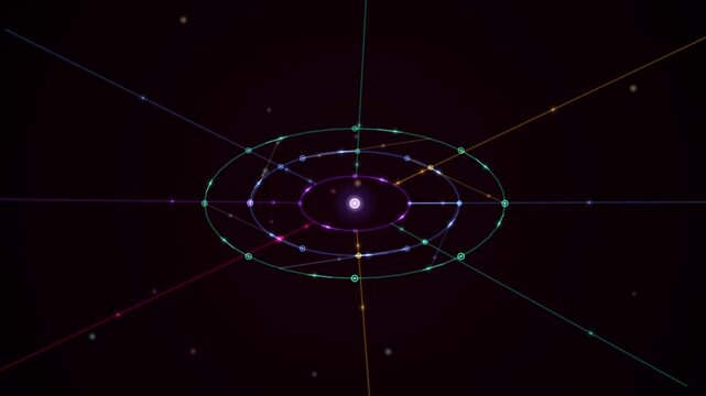 Abstract tech loop background featuring glowing orbital rings and connecting data lines.
