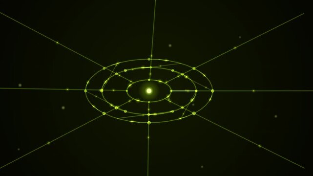 Abstract technology loop background featuring concentric elliptical orbits around a central glowing point.