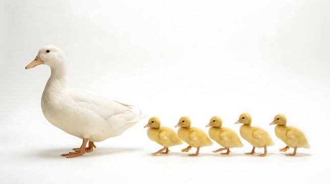 White duck leading yellow ducklings in a row on white background