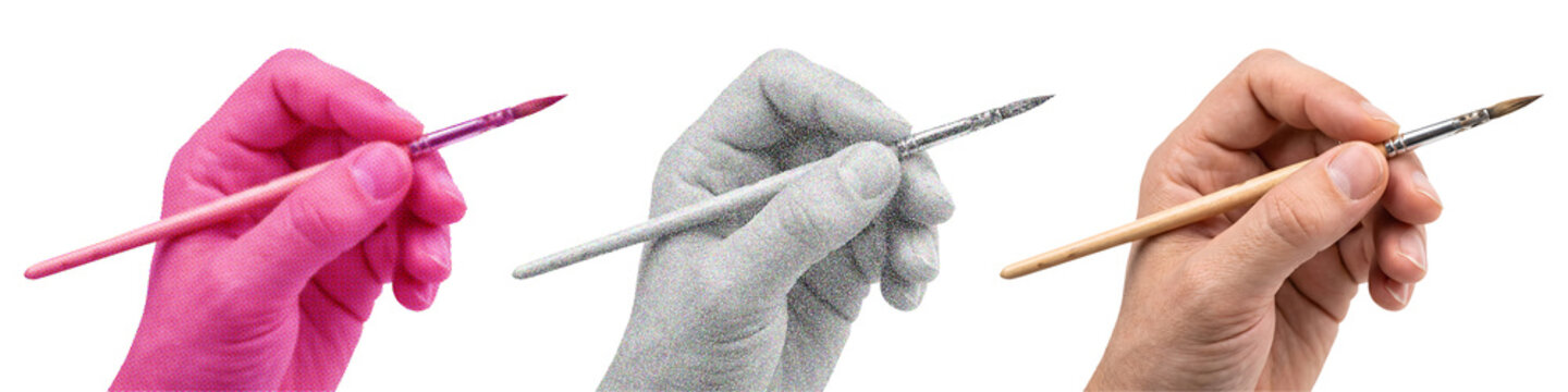 Retro Halftone and Pointillism Concept of Hands Holding Paint Brushes