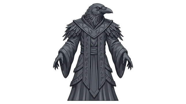 Crow headed warlock standing in dark robes with mystic runes for fantasy rpg game character design.