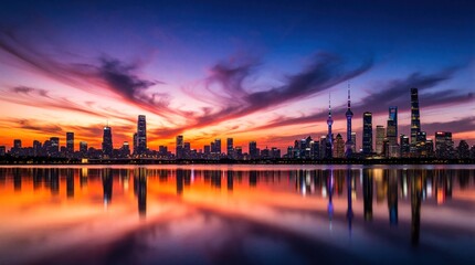 Fototapeta premium Vibrant city skyline at sunset with colorful clouds over calm river. Tall skyscrapers, modern towers reflect in water during twilight. Urban metropolis landscape shows dramatic sky, bright lights at