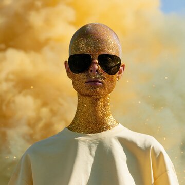 Dramatic glamour portrait of a bald model coated in gold glitter wearing dark sunglasses with dense yellow smoke for poster and background art