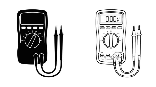 Digital multimeter with probes black and white line art illustration