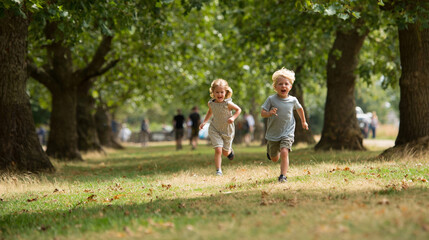 Fototapeta premium Happy young children running together through green park trees during a bright warm summer day outdoors