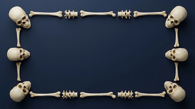 Human skulls and long bones arranged as rectangular frame on dark blue surface for dark academic design.