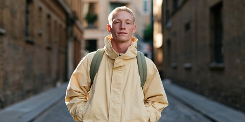 Obraz premium Young man in pale beige jacket with backpack standing in a narrow urban alley for portrait background and banner use