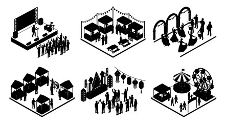 Fototapeta premium Isometric Event Scenes: Stage, Market Stalls, Ferris Wheel, Festival Booths, 6 Vector Illustrations