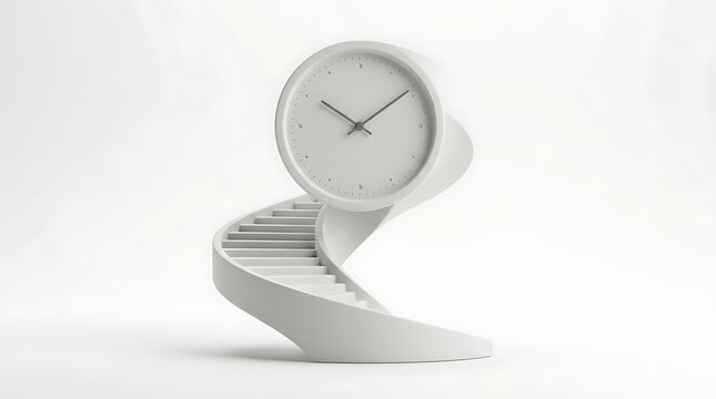 Clock on spiral stairs, isolated on white background