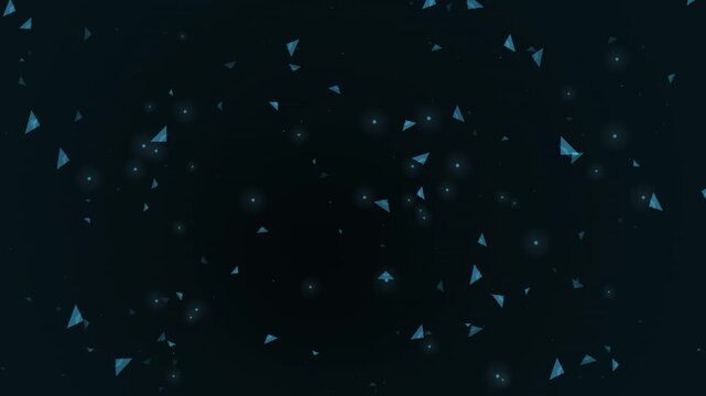 Abstract blue triangles and glowing orbs float across a dark background creating a seamless looping tech aesthetic overlay