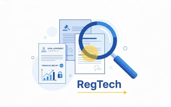 Regulatory technology and financial compliance audit illustration with legal documents and magnifying glass inspection concept