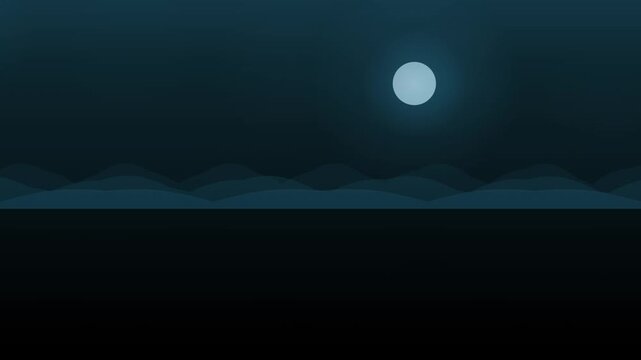 Looping night landscape with a glowing moon over layered hills and dark water, suitable as a background or overlay for tech designs