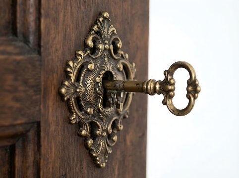 Vintage door lock with ornate key being inserted