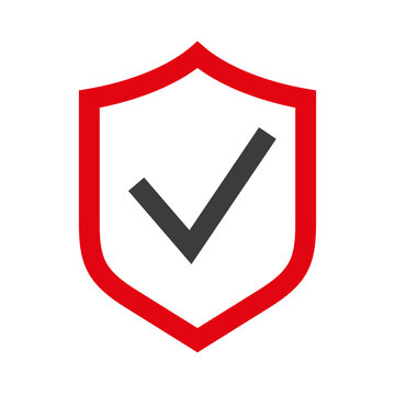 A shield icon with a check mark. Symbol of protection, defense, or lack of protection. An attribute of safety, security, or danger. Icon for the web. Raster.