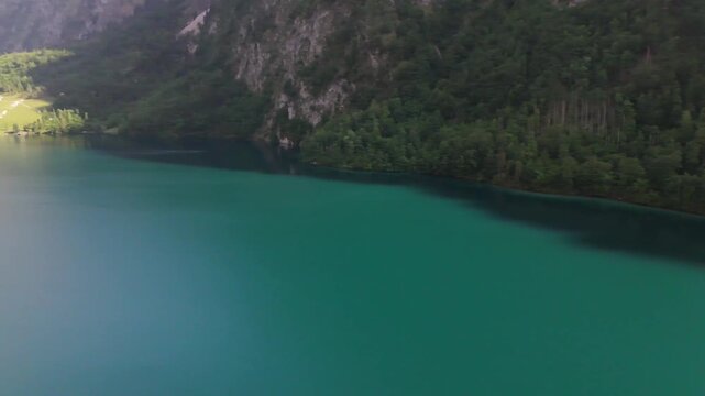 Obersee Turquoise Lake Edge Aerial Tracking Berchtesgaden Germany