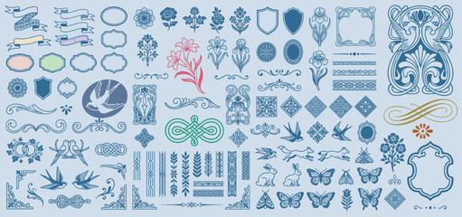 Fototapeta na wymiar Mega set of swirls, scrolls, logos and design elements. Flourishes set for retro design, greeting cards, invitations, weddings designs and other. Vector set.
